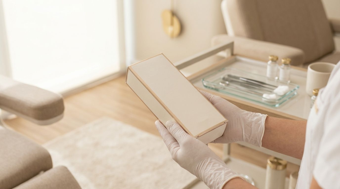 Profissional de estética preparando material esterilizado para procedimento de preenchimento corporal em Jaú.