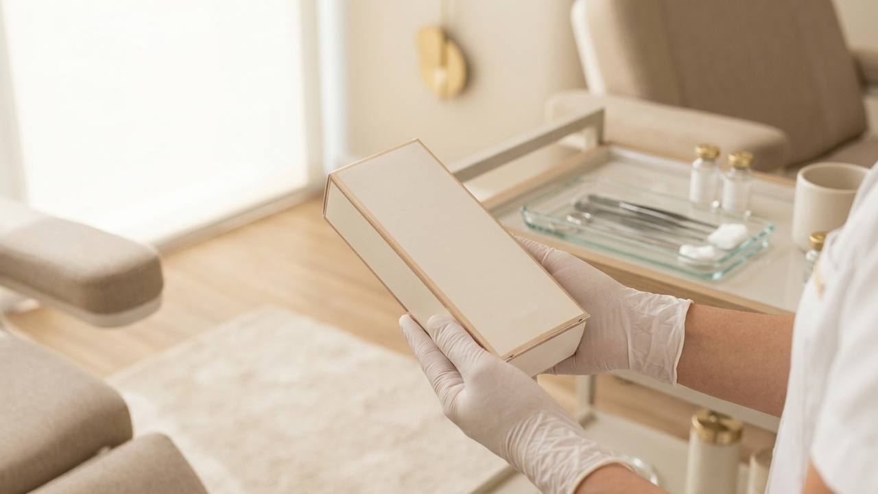 Profissional de estética preparando material esterilizado para procedimento de preenchimento corporal em Jaú.