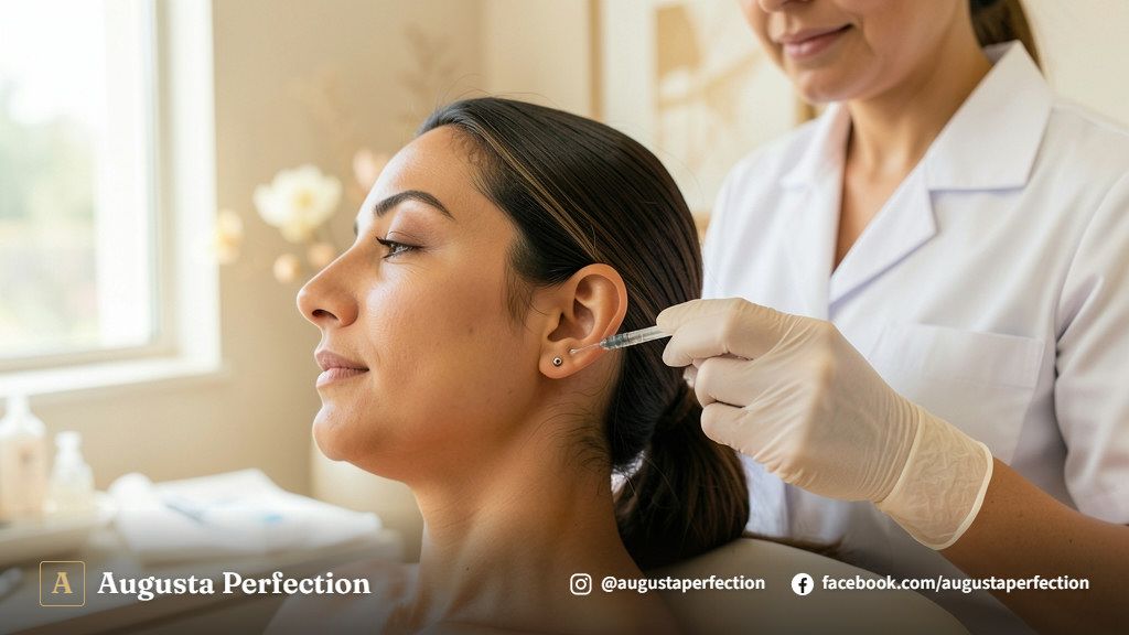 Profissional de estética segurando seringa com preenchedor para procedimento no lóbulo de orelha em Bauru