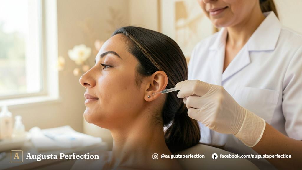 Profissional de estética segurando seringa com preenchedor para procedimento no lóbulo de orelha em Bauru