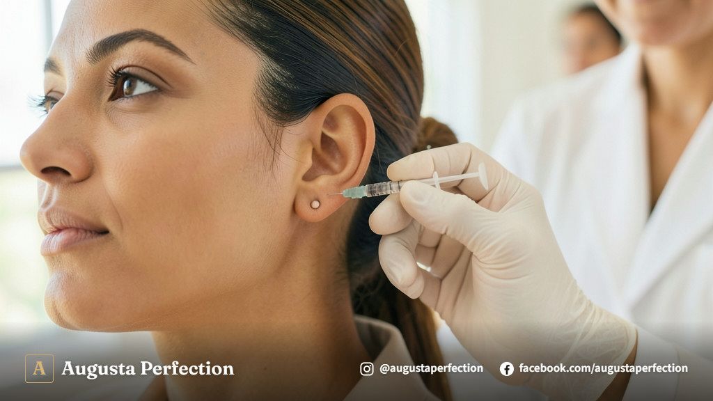 Profissional de estética avançada preparando ácido hialurônico em ambiente clínico higienizado.