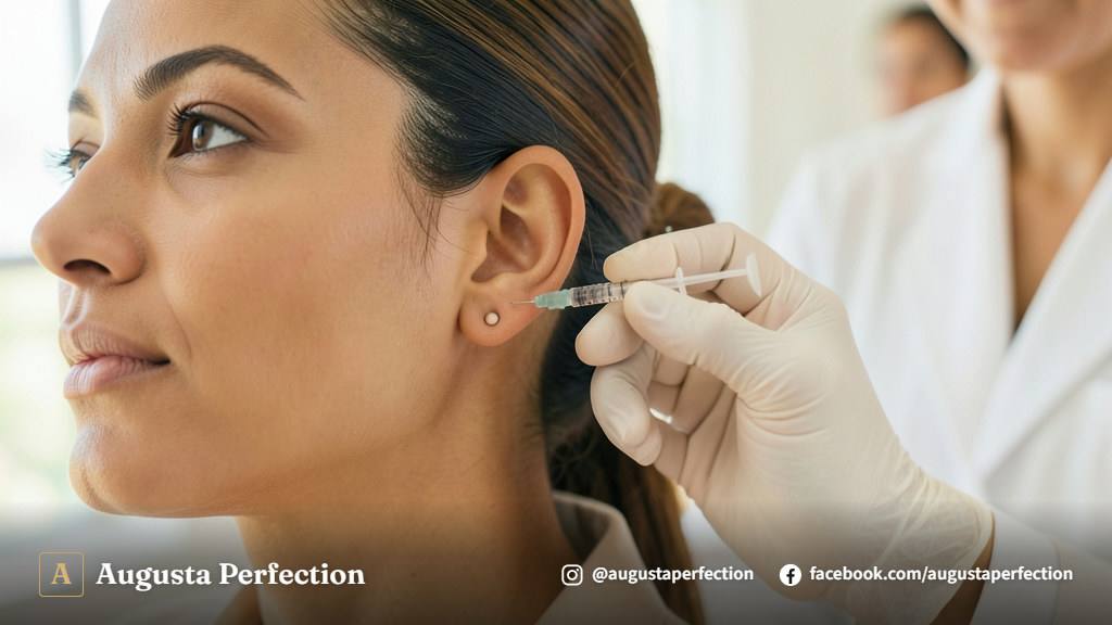 Profissional de estética avançada preparando ácido hialurônico em ambiente clínico higienizado.