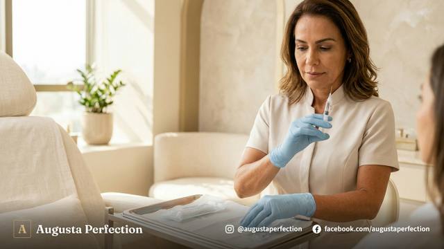 Ambiente de clínica de estética avançada preparado para procedimento de preenchimento facial com foco em biossegurança.