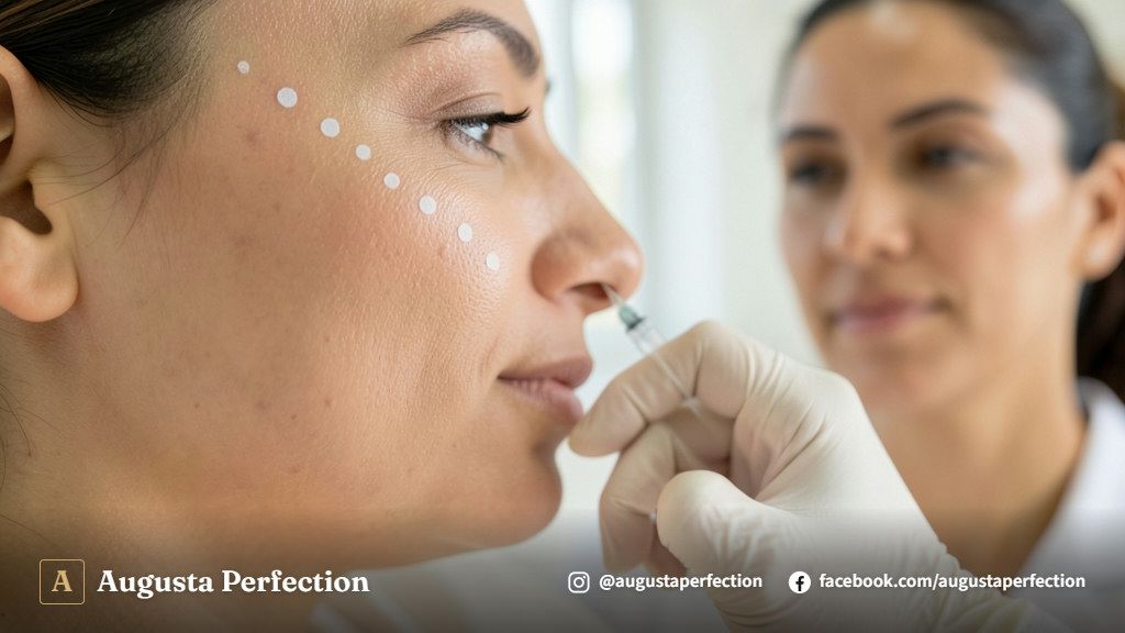 Profissional de estética segurando produto preenchedor em ambiente de clínica moderna e higienizada.