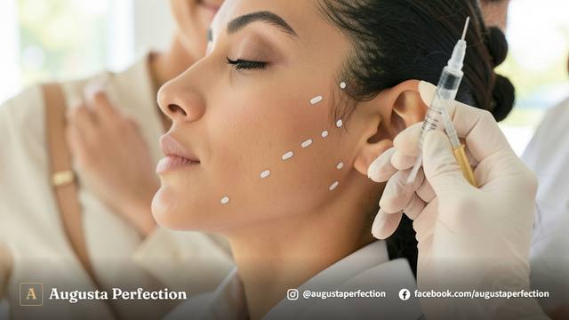 Seringas estéreis de preenchimento de mandíbula em bandeja dourada dentro de clínica estética especializada.