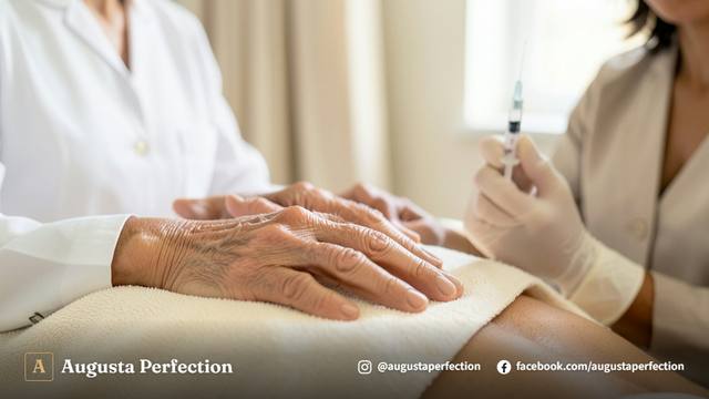 Profissional de estética realizando avaliação detalhada no dorso das mãos em consultório moderno e bem iluminado.