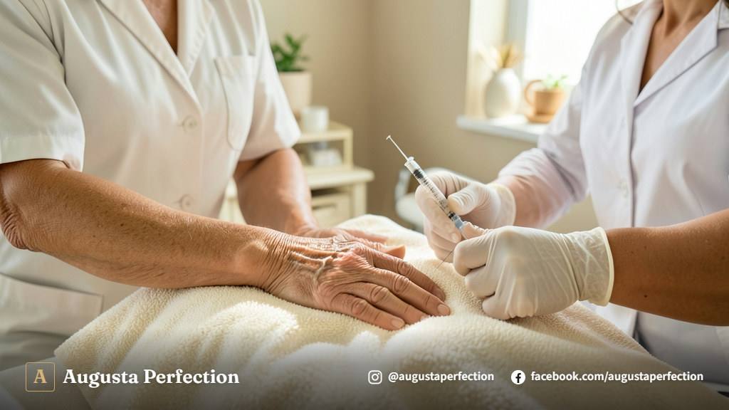 Avaliação profissional para preenchimento de mãos em ambiente clínico de estética avançada.