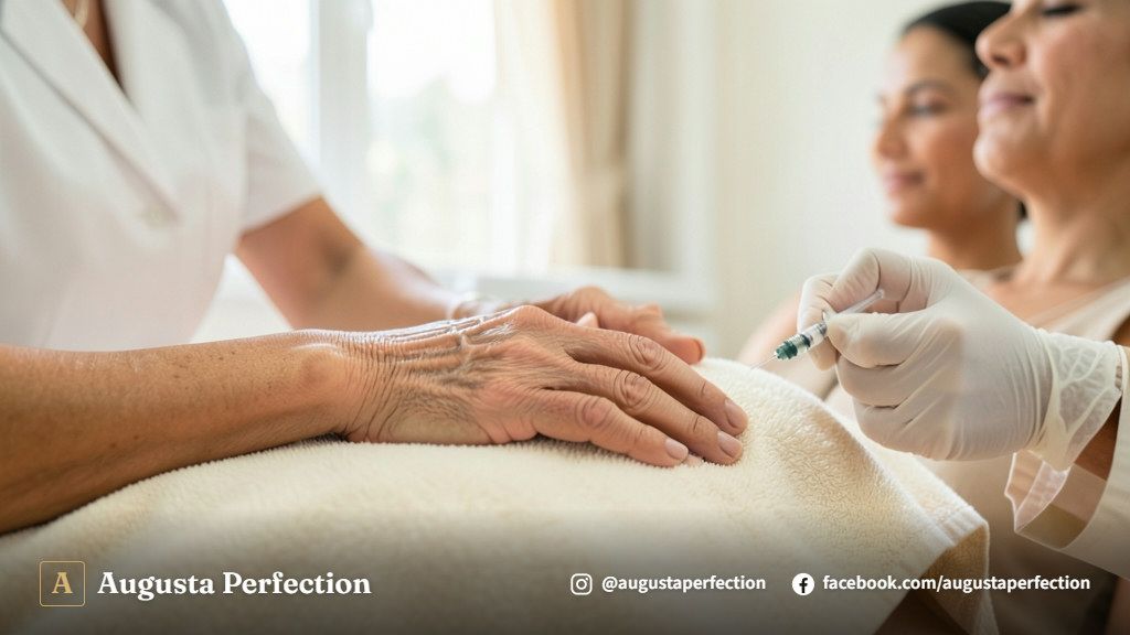 Especialista preparando procedimento de preenchimento de mãos em clínica de estética em Jaú.