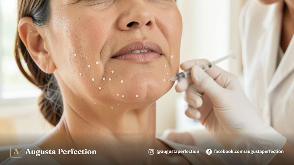 Profissional de estética avançada preparando seringa de ácido hialurônico para preenchimento de marionete em ambiente