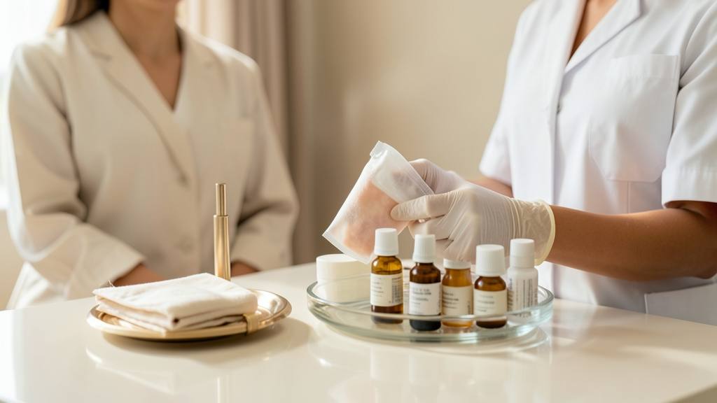 Ambiente de clínica de estética avançada com produtos para cuidados pós-procedimento facial em mesa organizada.