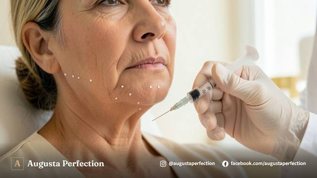 Especialista em estética preparando material esterilizado para preenchimento de marionete em clínica sofisticada.