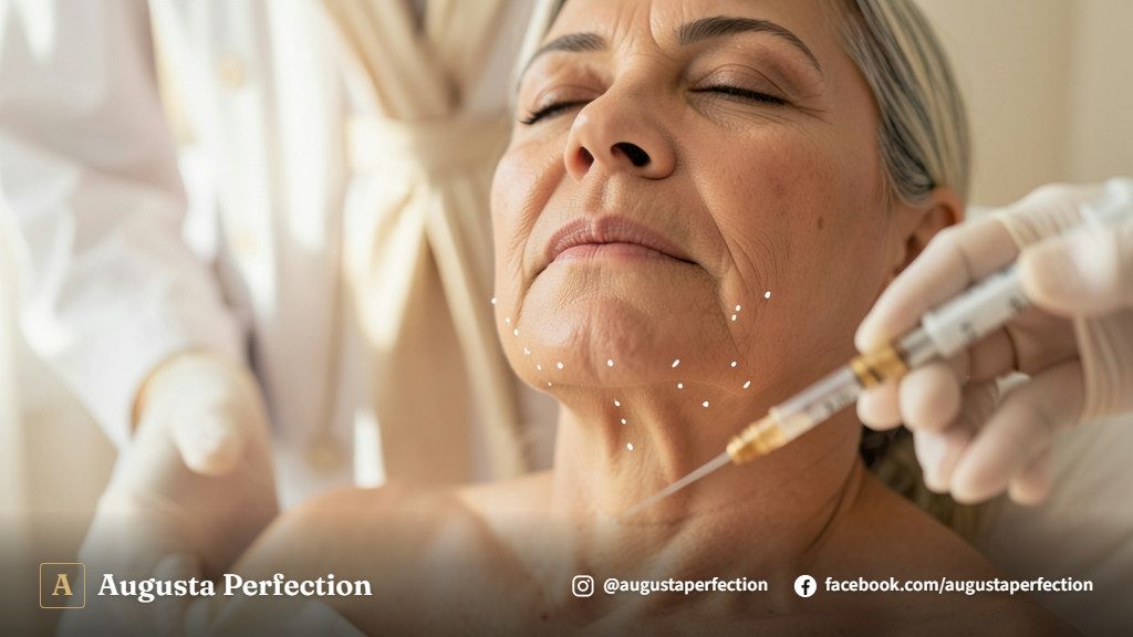 Profissional de estética segurando seringa de preenchimento facial em ambiente clínico sofisticado e iluminado.