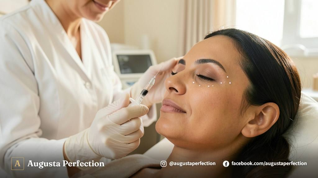 Mãos de profissional com luvas preparando material para preenchimento de olheiras em clínica de estética em Campinas.