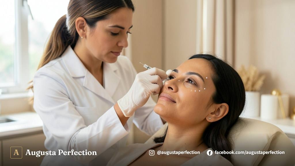 Profissional de estética avançada segurando instrumento para preenchimento de olheiras em consultório em Jaú