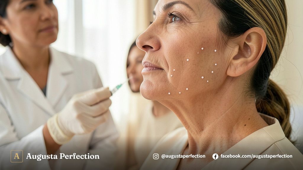 Especialista preparando procedimento de preenchimento de sulco pré-jowl com materiais esterilizados em clínica estética.