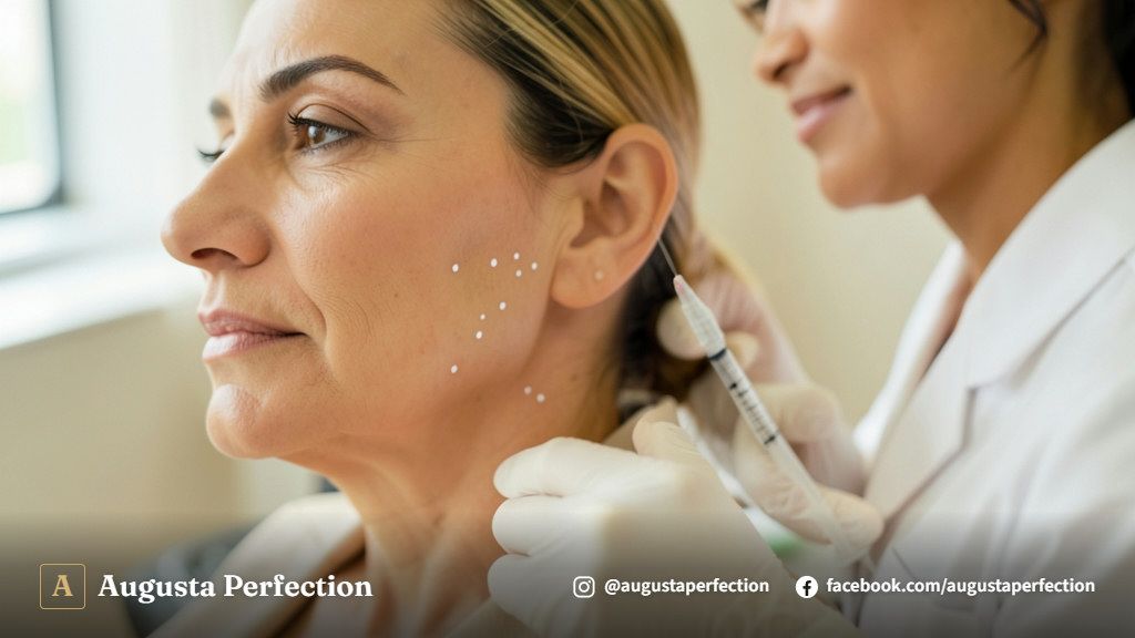 Seringa de ácido hialurônico para preenchimento de sulco pré-jowl em ambiente de clínica estética em Jundiaí.