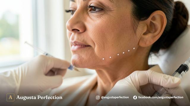 Seringa de ácido hialurônico para preenchimento mandibular em ambiente de clínica estética de alto padrão.