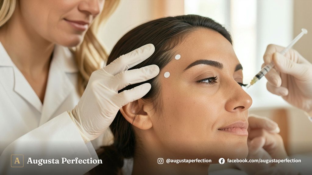 Profissional preparando seringa de ácido hialurônico para preenchimento de têmporas em ambiente de clínica médica.