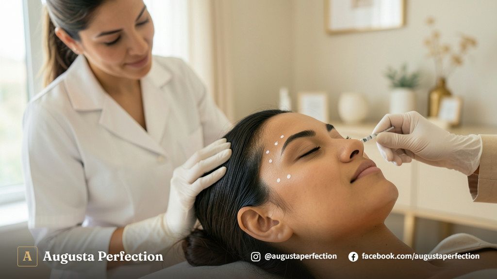 Profissional de estética em clínica em Bauru preparando procedimento de preenchimento facial com biossegurança.