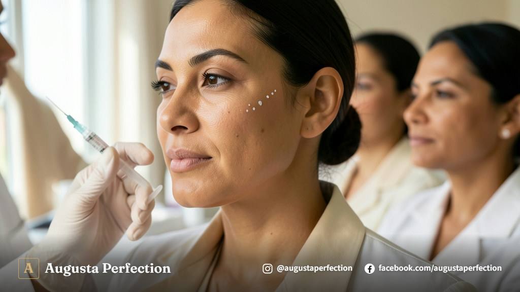 Especialista em estética preparando aplicação de preenchimento facial em ambiente elegante de clínica em Campinas.