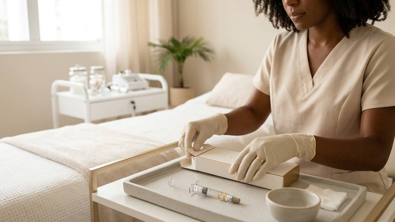 Profissional de estética avançada preparando procedimento de preenchimento facial em ambiente moderno e higienizado no