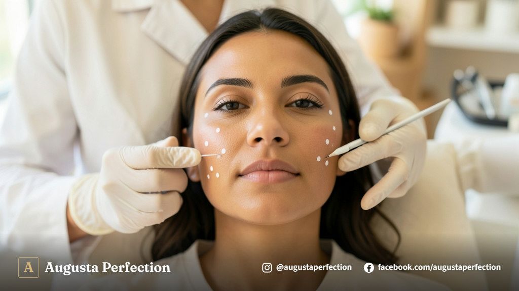 Profissional de estética segurando seringa de ácido hialurônico para preenchimento facial em consultório em Campinas
