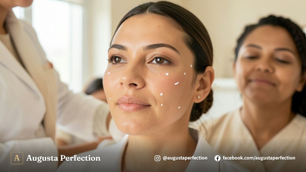 Especialista em clínica de estética moderna preparando materiais para procedimento de preenchimento facial.