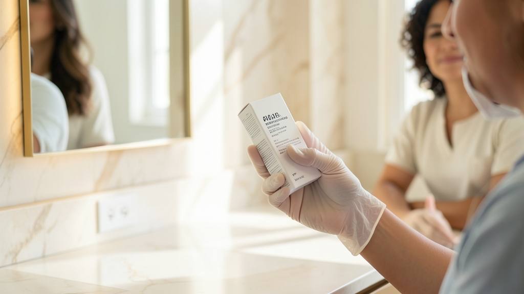 Profissional de estética em consultório moderno segurando insumos estéreis de ácido hialurônico para preenchimento labial.