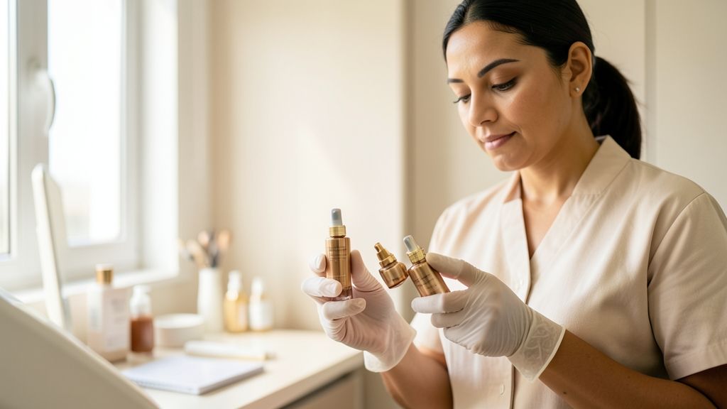 Mãos de profissional com luvas em ambiente de clínica estético preparando pigmentos para procedimento nos lábios.