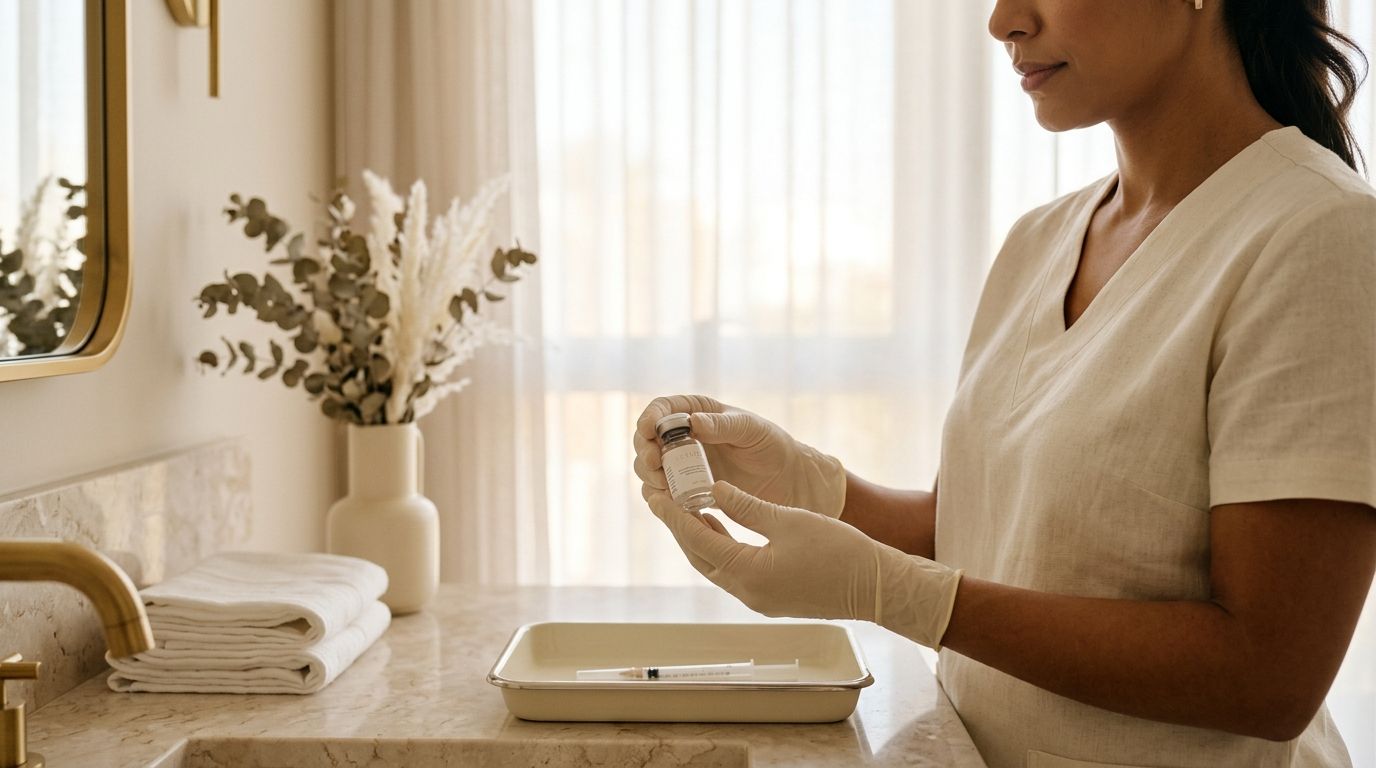 Mão com luva médica segurando frasco de toxina botulínica em ambiente clínico elegante.