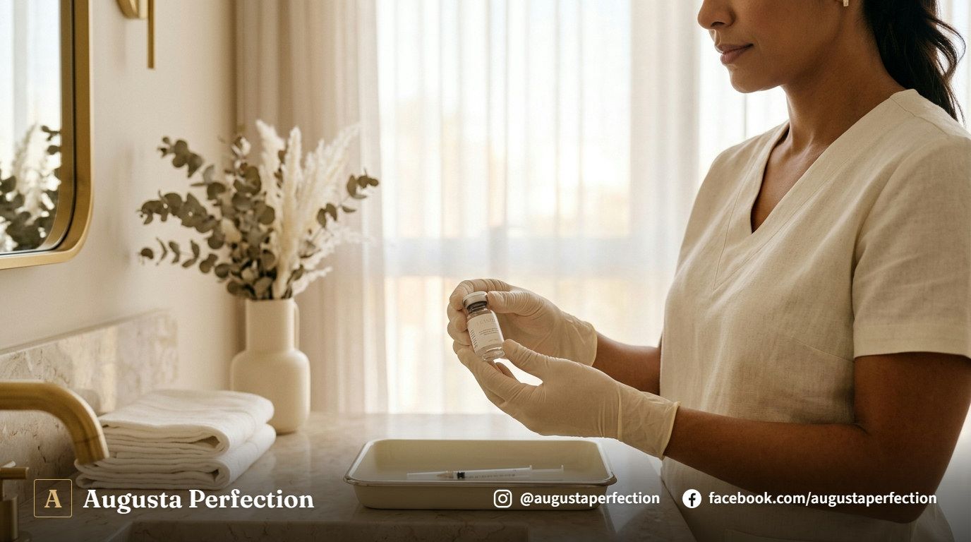 Mão com luva médica segurando frasco de toxina botulínica em ambiente clínico elegante.