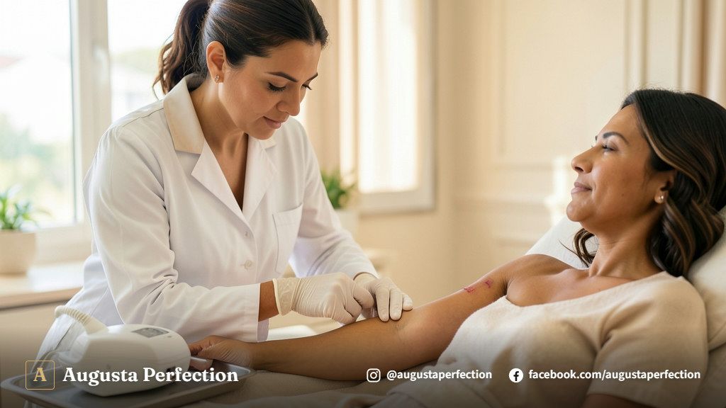 Profissional de estética avançada preparando equipamento tecnológico para tratamento de renovação cutânea em Campinas.