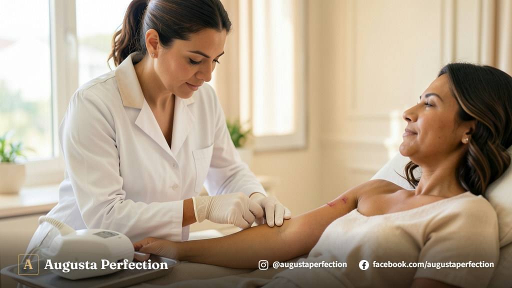 Profissional de estética avançada preparando equipamento tecnológico para tratamento de renovação cutânea em Campinas.