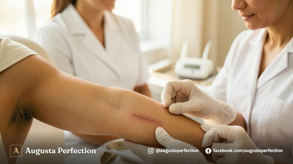 Especialista em estética preparando equipamentos avançados para tratamento de remoção de cicatriz na clínica de Jundiaí.