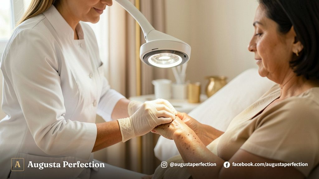 Especialista em clínica estética segurando equipamento de alta tecnologia para tratamento de manchas na pele.