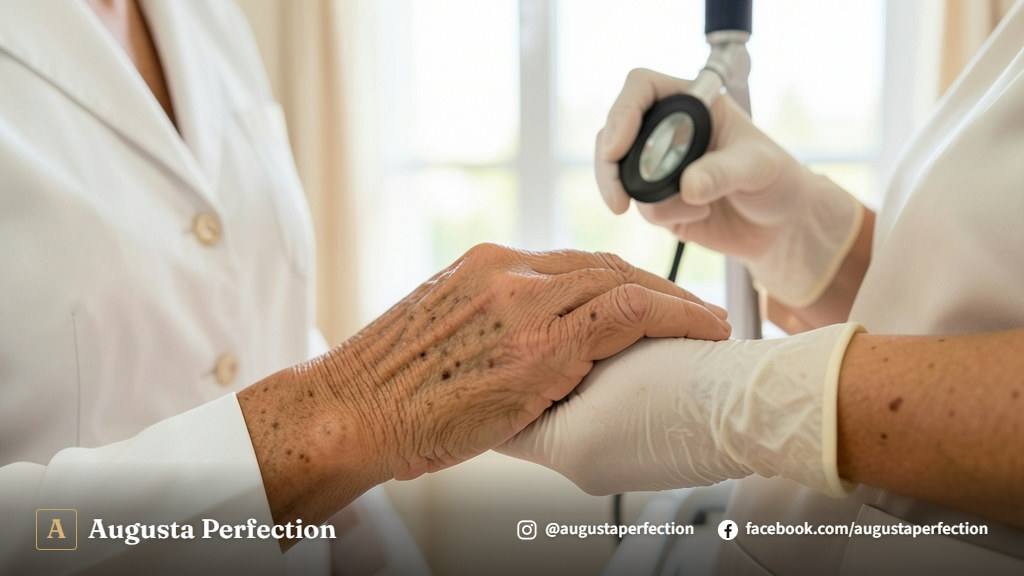 Profissional especialista realizando avaliação estética cuidadosa para remoção de manchas senis em clínica moderna.