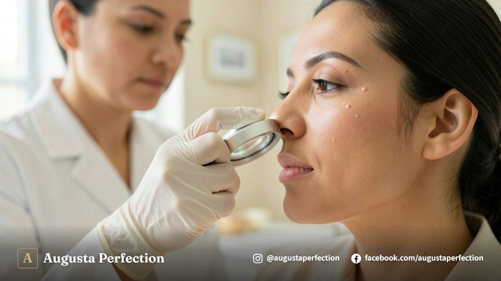 Profissional de estética preparando instrumentos esterilizados para procedimento de cuidados com a pele em ambiente clínico.