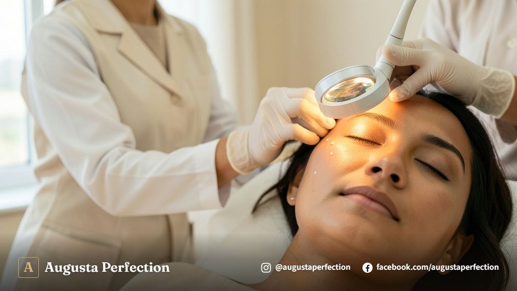 Profissional de estética em consultório segurando equipamento estéril para procedimento de remoção de milium na pele.