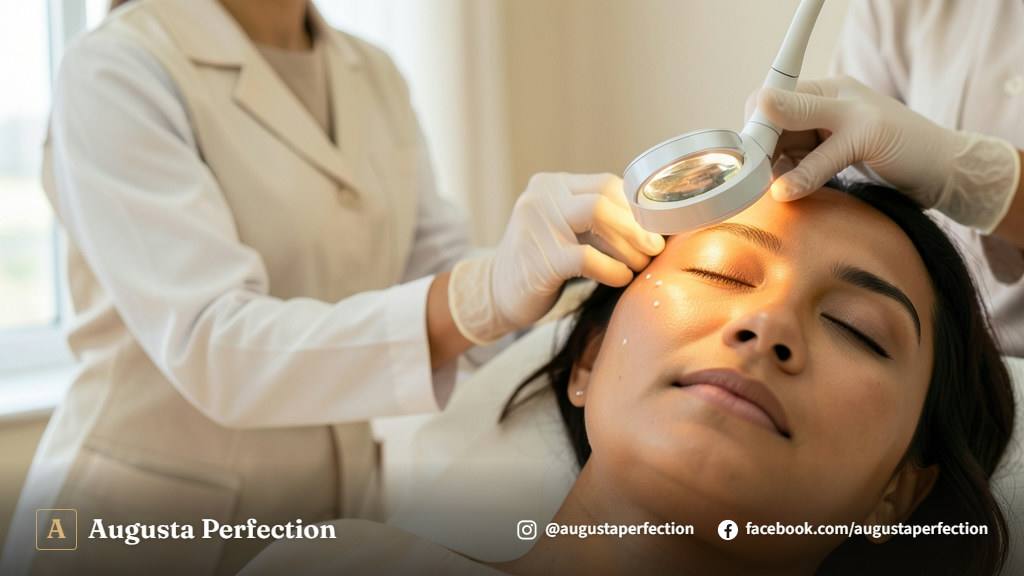 Profissional de estética em consultório segurando equipamento estéril para procedimento de remoção de milium na pele.