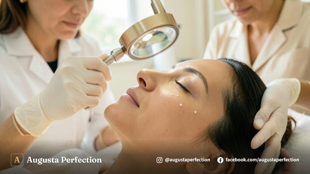 Profissional de estética examinando a pele do rosto de uma paciente em ambiente clínico iluminado.