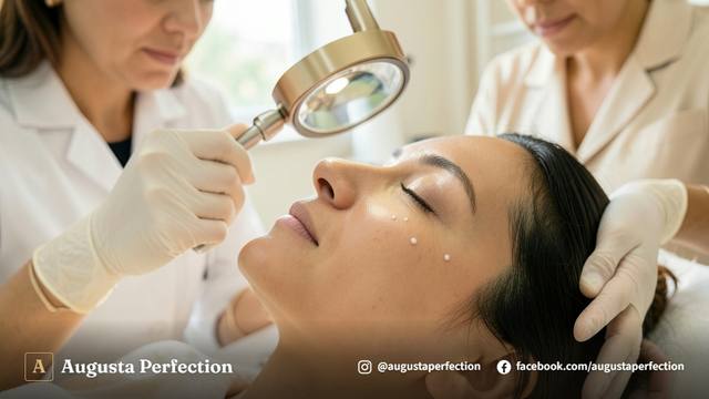 Profissional de estética examinando a pele do rosto de uma paciente em ambiente clínico iluminado.