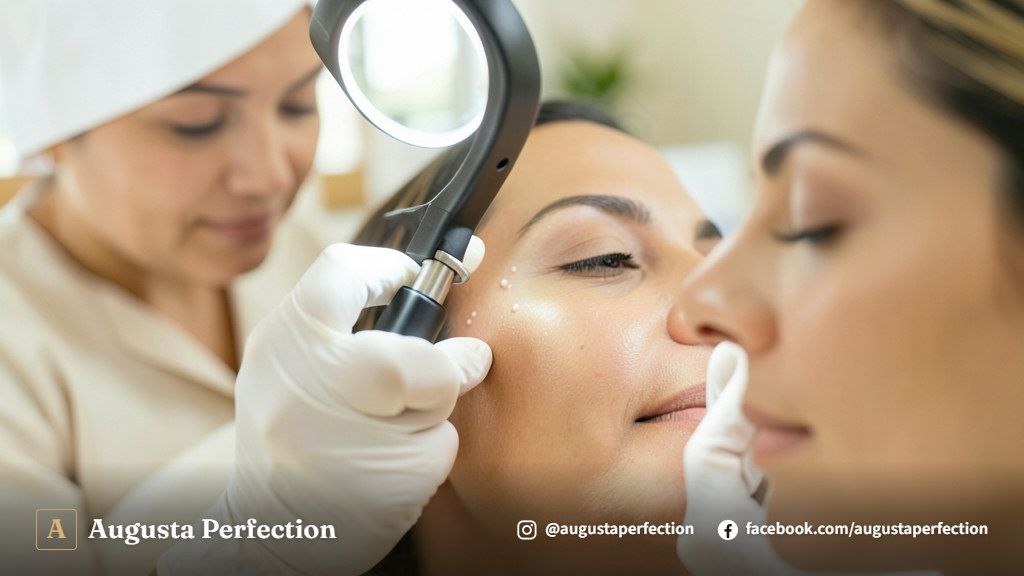 Profissional de estética com luvas segurando material estéril para procedimento de remoção de milium com segurança.