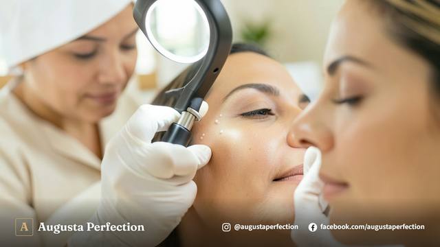Profissional de estética com luvas segurando material estéril para procedimento de remoção de milium com segurança.