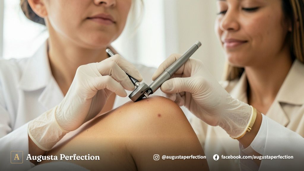 Profissional de estética avançada segurando equipamento de avaliação de pele em clínica sofisticada e higienizada.