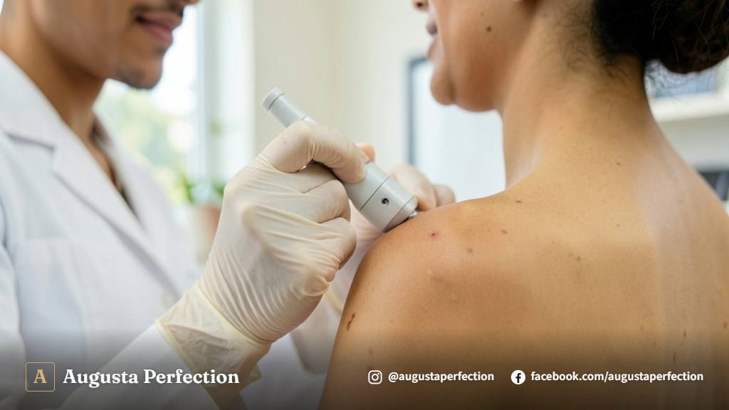 Profissional de estética em ambiente clínico realizando avaliação e preparação para remoção segura de pintas.
