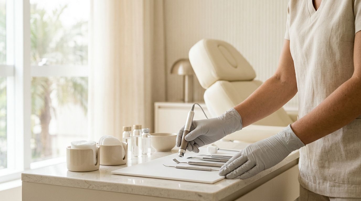 Profissional de estética com luvas realizando avaliação criteriosa da pele em clínica moderna e equipada.