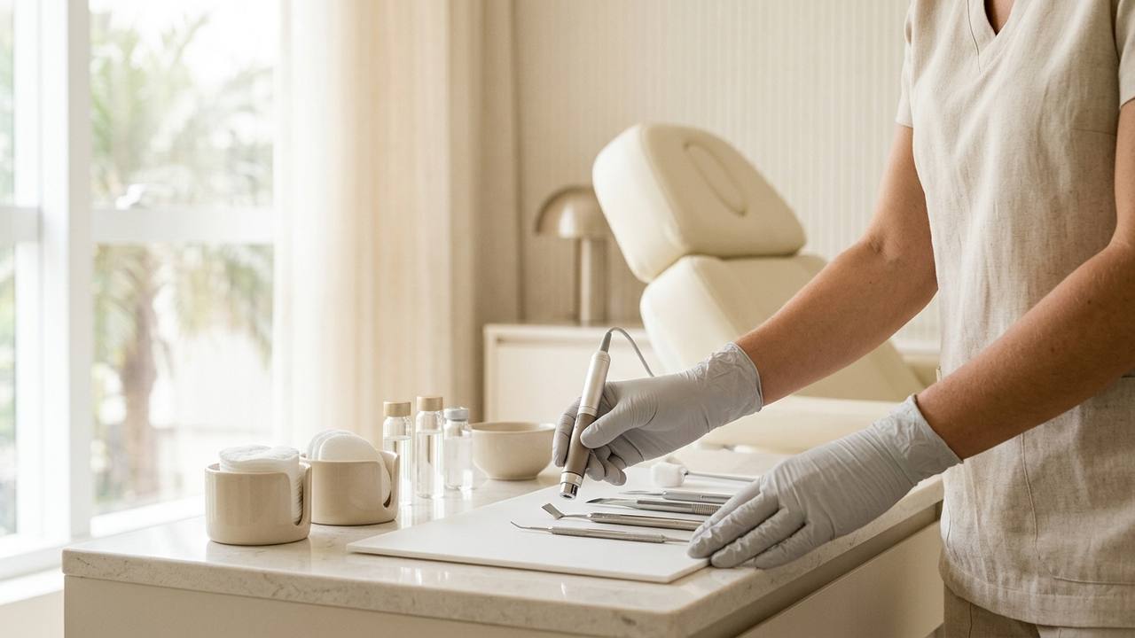 Profissional de estética com luvas realizando avaliação criteriosa da pele em clínica moderna e equipada.