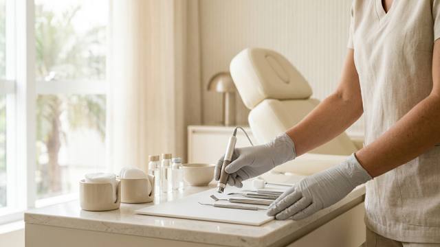 Profissional de estética com luvas realizando avaliação criteriosa da pele em clínica moderna e equipada.