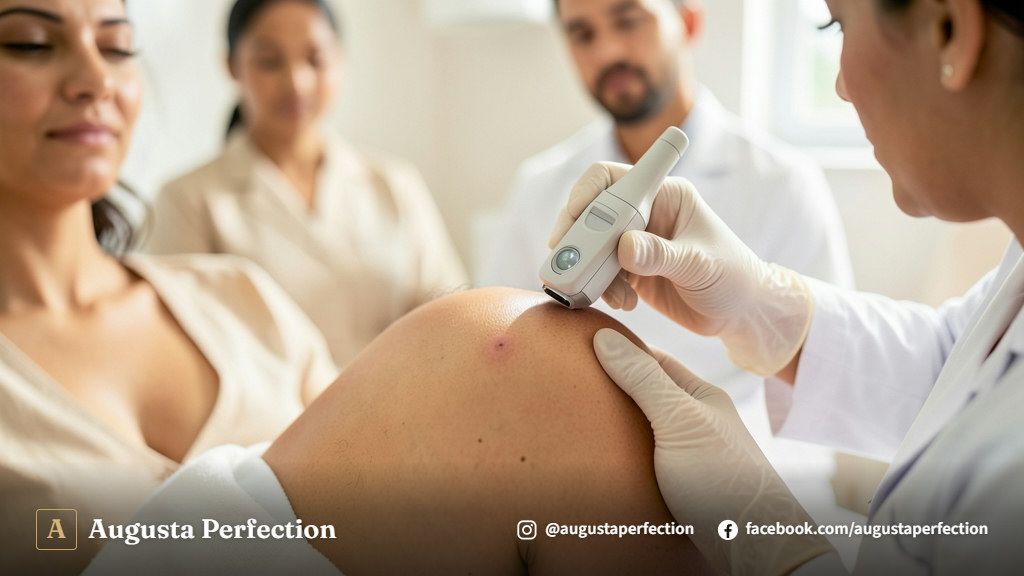Sala de clínica de estética avançada com equipamentos modernos para tratamento e remoção de verrugas na pele.