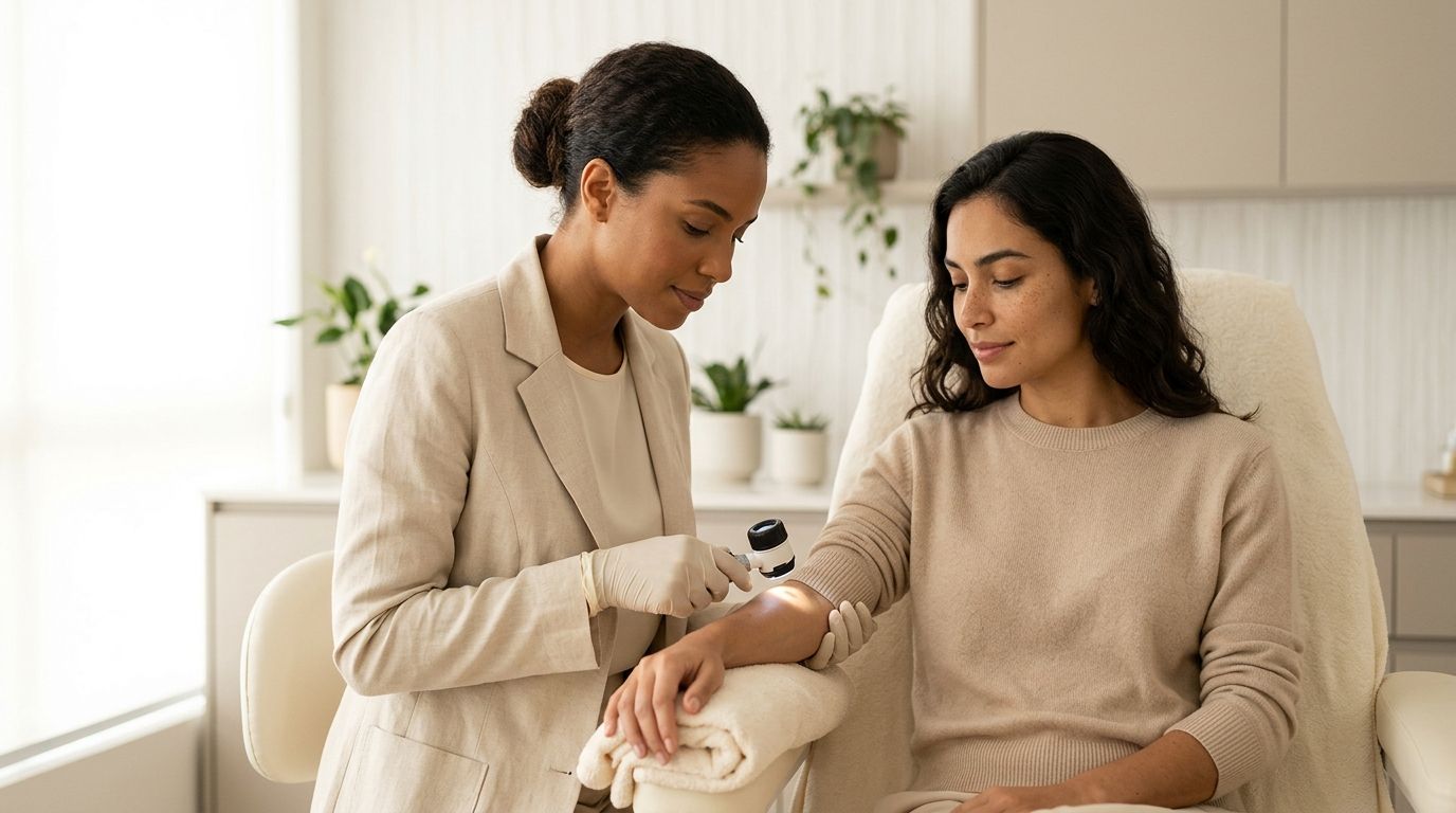 Profissional de estética examinando a pele de uma paciente durante avaliação clínica para remoção de verrugas.
